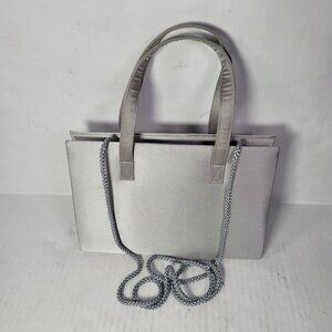 Silver Satin Evening Handbag With Chain Strap & Compact Mirror Crossbody